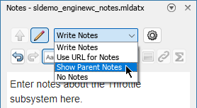 Drop-down list with Show Parent Notes selected