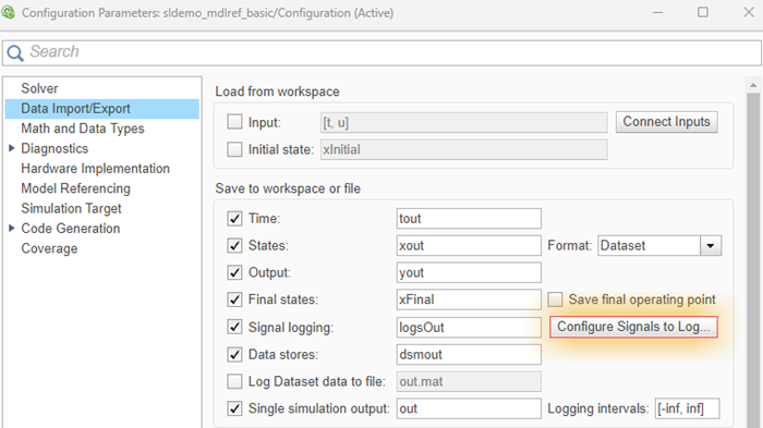 The Configure Signals to Log button in the Configuration Parameters dialog box.