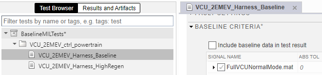 Simulink Test browser test case list.