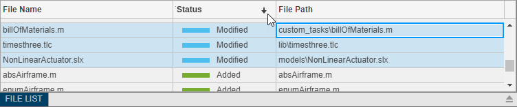 Dependency table view that lists from left to right the filenames, the legend colors and text, and the file paths.