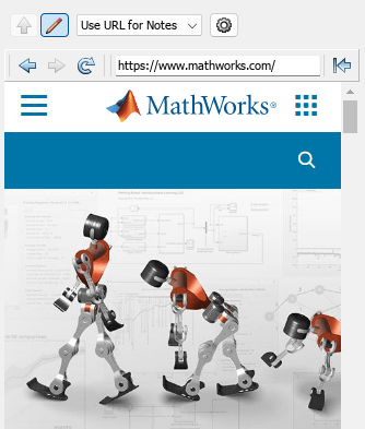 In the Notes pane, the "Use URL for Notes" option is selected. In the text box, the URL https://www.mathworks.com/ is entered. Below the URL, the contents of the MathWorks website are displayed.
