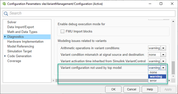 Diagnostics pane in the Configuration parameters dialog box