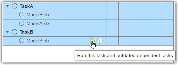 Mouse pointing to run button for ModelB task iteration for TaskB. The Process Advisor app highlights both the ModelA and ModelB task iterations for TaskA.