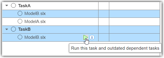 Mouse pointing to run button for ModelB task iteration for TaskB. The Process Advisor app only highlights the ModelB task iteration in TaskA.