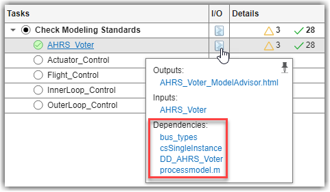 Process Advisor task I/O column showing the dependencies, mainly data dictionary dependencies, for a model