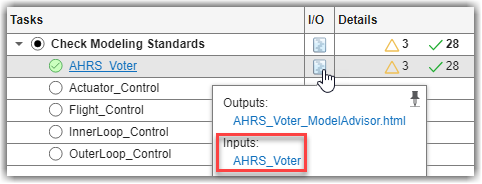 Process Advisor task I/O column showing a model as an input