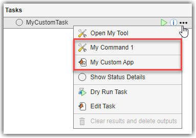 Task options menu showing custom command and task app buttons