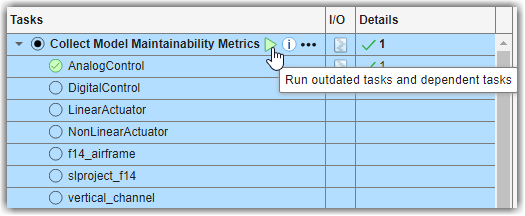 Mouse pointing to the "Collect Model Maintainability Metrics" task run button. Process Advisor highlights the task and task iterations for each model in the project.