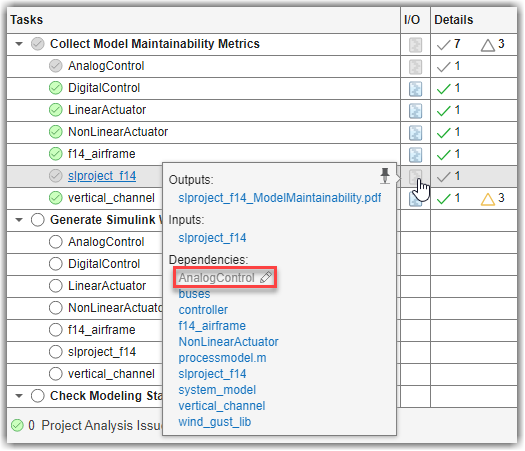 I/O pop-out showing AnalogControl.slx model as an outdated dependent task for the slproject_f14 model