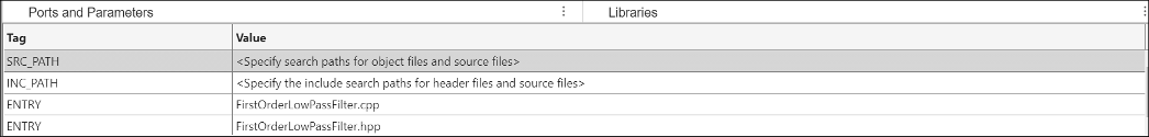 S-Function Builder libraries table with source code specified