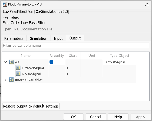 FMU Import block dialog with output configuration