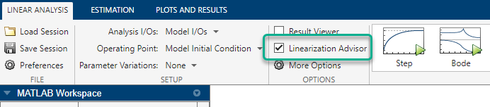 Linear Analysis tab showing the selected Linearization Advisor parameter in the Options section