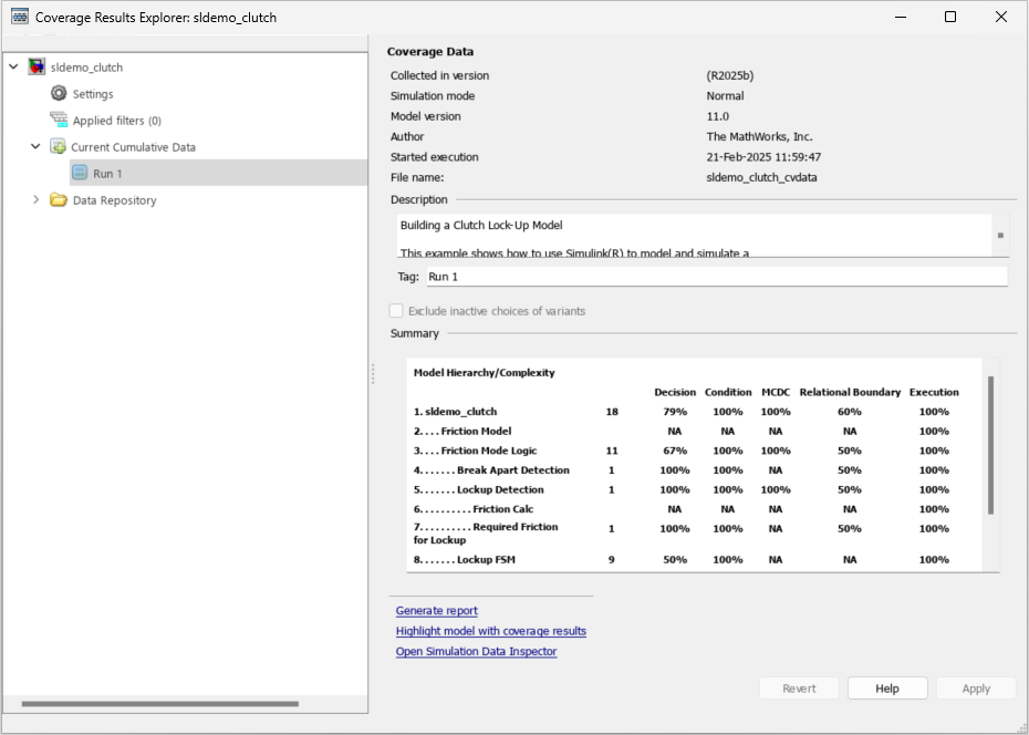 Coverage Results Explorer showing a summary of coverage results for the clutch model.