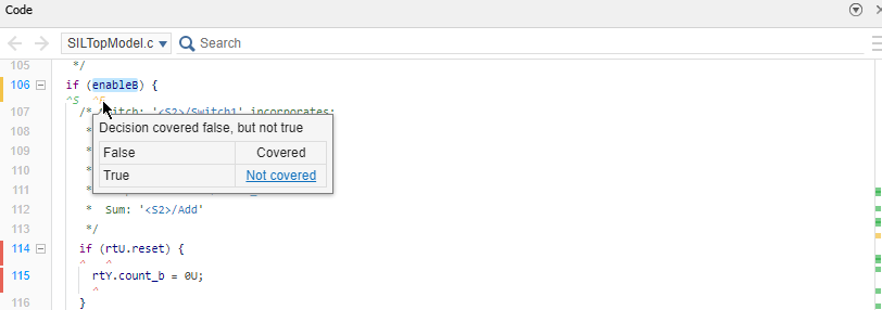 Code view showing generated code with the cursor pointed at an annotation. The annotation displays a summary of the coverage received for the decision. The false case is satisfied and the true case is not satisfied.
