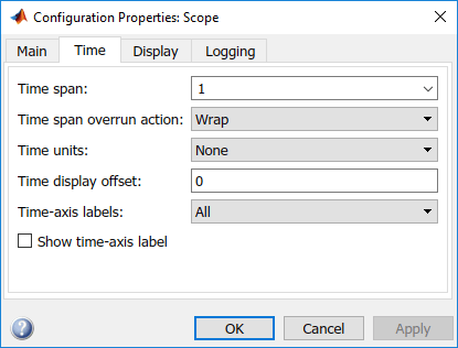 These settings appear in the time tab of the scope configuration properties dialog box.