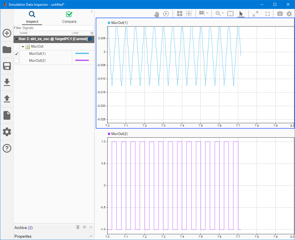 Compare MuxOut signals in the Simulation Data Inspector with initial values, before tuning.