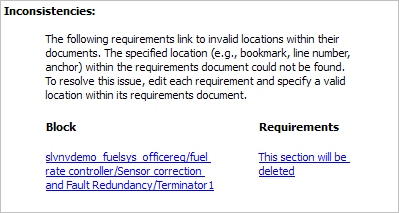 Warning with a list of linked model blocks and requirements that have invalid locations