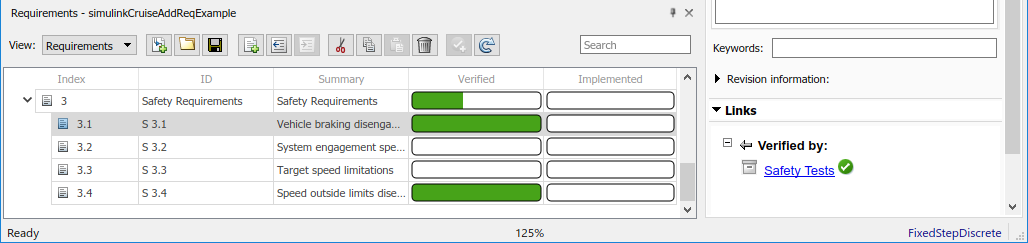 Verified status for requirements