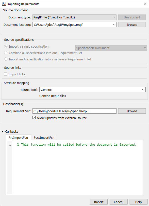 Importing Requirements dialog box with the PreImportFcn and PostImportFcn tabs in view.