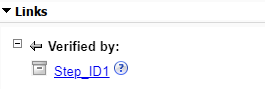 The Links section of the right pane in the Requirements Editor, with one Verified by link