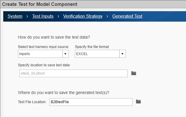 Generated test, last page of the wizard, with Inports as the harness source, Excel as the file format, and save location for test data and generated tests specified