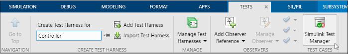 Tests tab with Simulink Test Manager button highlighted