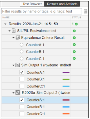 Test case results hierarchy with signal selection check boxes.