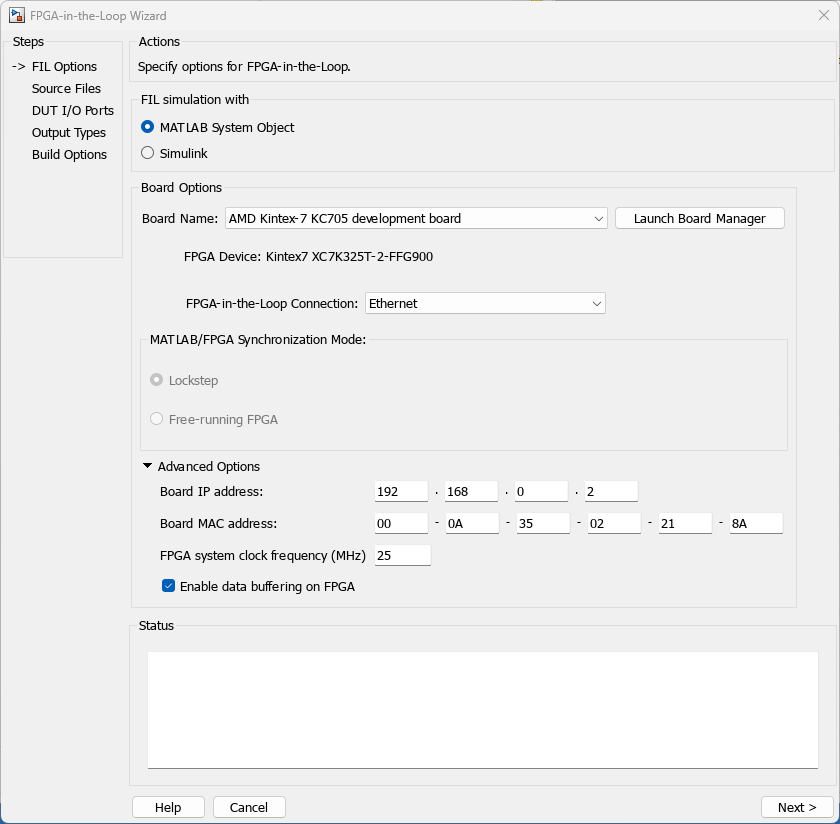 FIL Wizard open on the "FIL Options" step, with "MATLAB System Object" selected.
