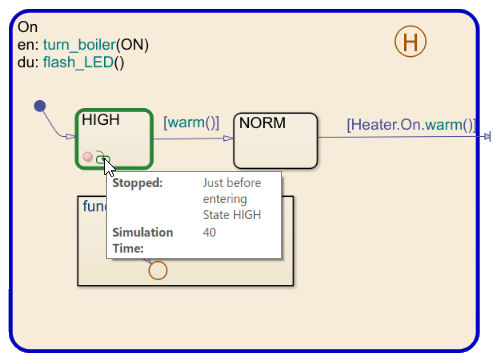 While the chart is paused at a breakpoint, a tooltip shows the execution status for the active state.