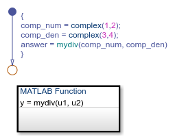 Chart that calls MATLAB function mydiv with two complex operands, u1 and u2.