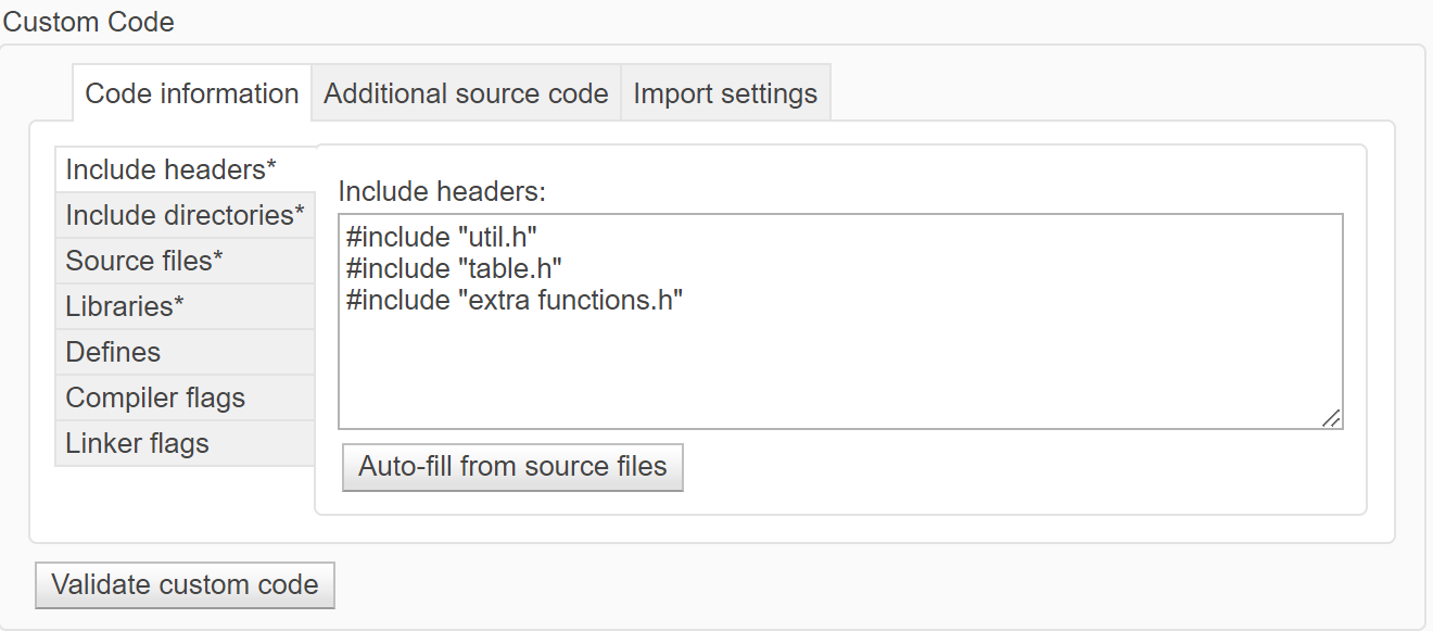 The Simulation Target Custom Code "Include headers" tab has three lines of code: #include "util.h", #include "table.h", and #include "extra functions.h"