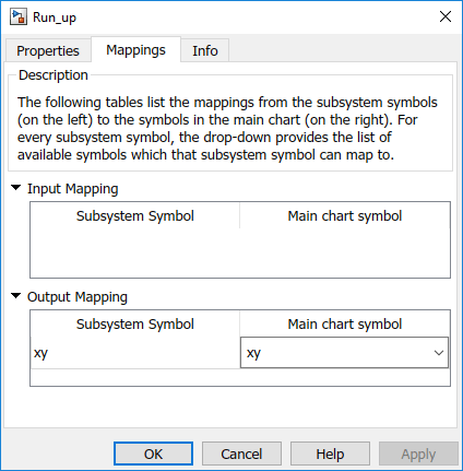 Mappings dialog box for Simulink based state Run_up.