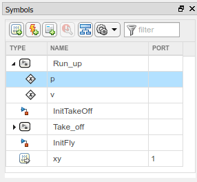 Symbols pane showing state data p and v under Run_up.