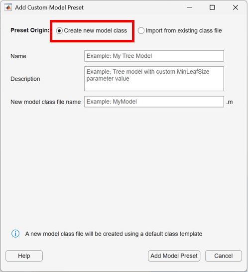 Add Custom Model Preset dialog box