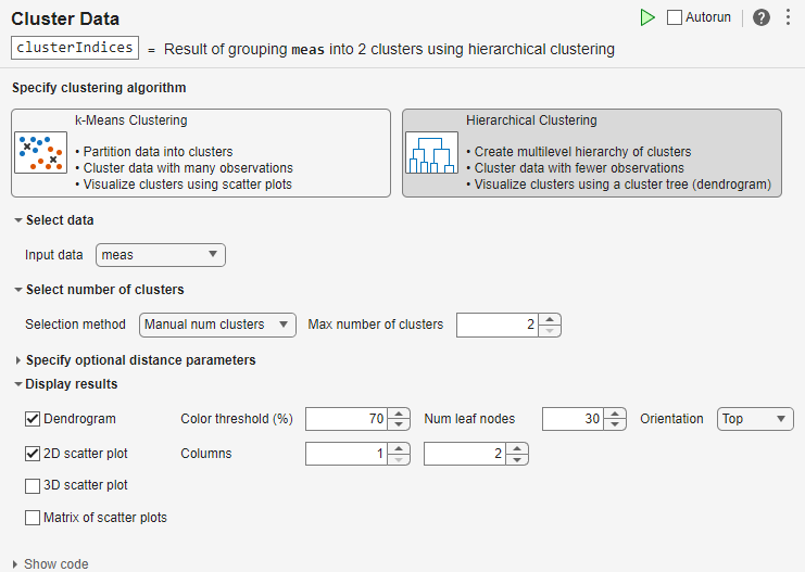 Cluster Data task showing the selected parameters