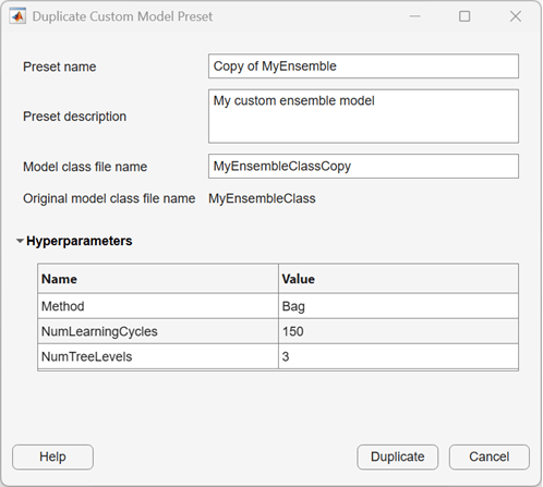 Duplicate Custom Model Preset dialog box