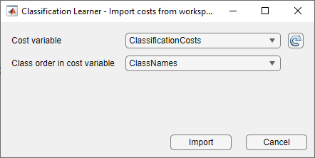 Import costs from workspace dialog box