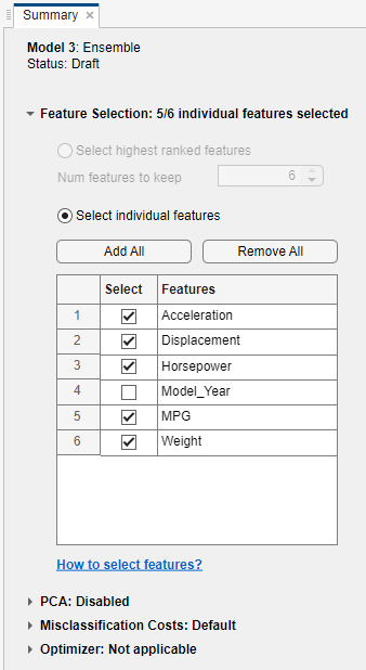 Feature Selection section of the Summary tab with the Model_Year feature unselected