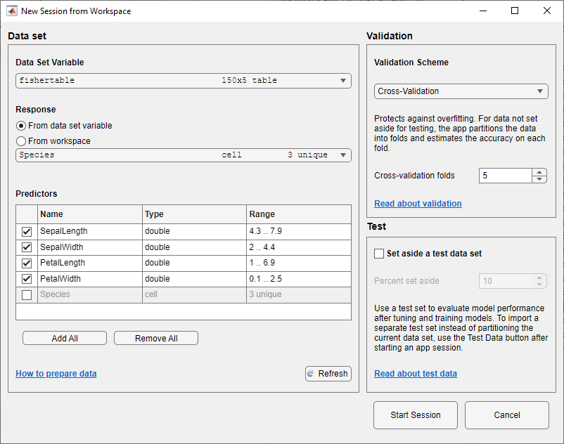 New Session from Workspace dialog box