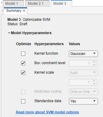 Summary tab with SVM hyperparameters selected for optimization