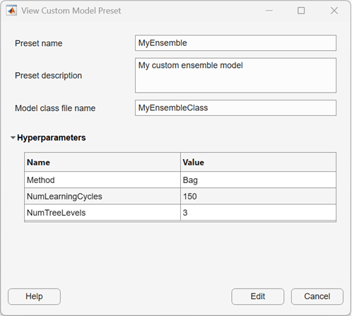 View Custom Model Preset dialog box