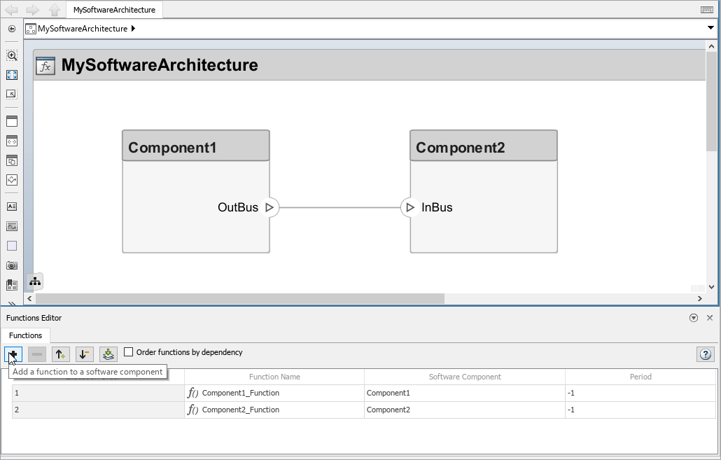 The Add a function to a software component button is highlighted in the Functions Editor. A function named Component1_Function displays for Component1. A function named Component2_Function displays for Component2.