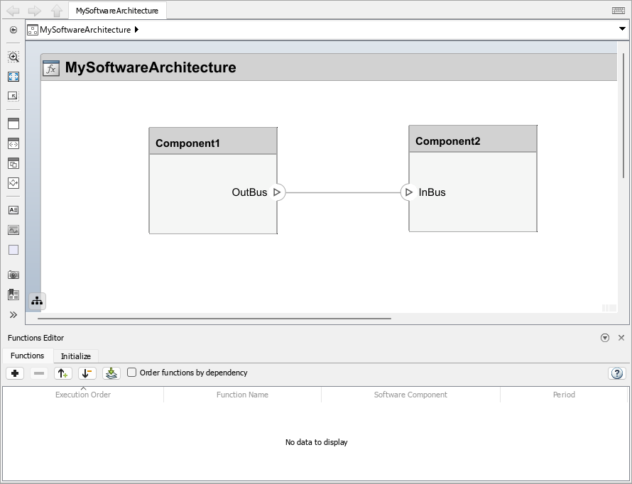 Software architecture with two components named Component1 and Component2. The Functions Editor is at the bottom of the canvas