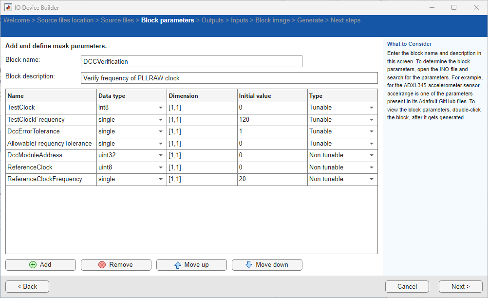 block parameters