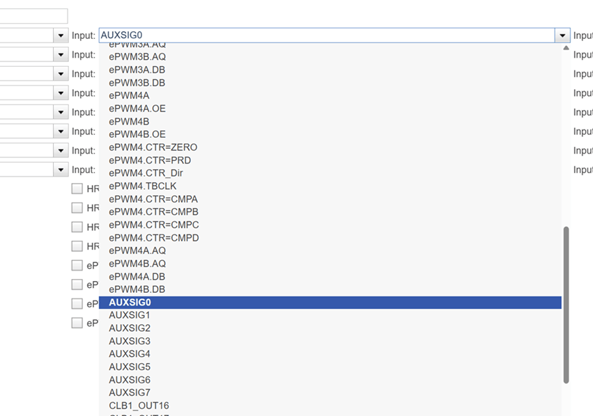 Input signal selection dropdown showing available global input signals for a CLB tile