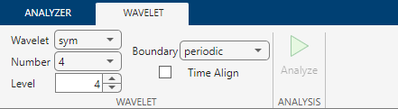 View of toolstrip on Wavelet tab. Use the drop-down lists to choose the wavelet family, wavelet filter number, and boundary condition. Use the spin box to set the decomposition level. For nondecimated decompositions, select the Time Align check box.