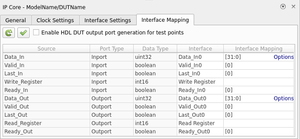 Interface Mapping table in the IP Core editor populated with the DUT ports.