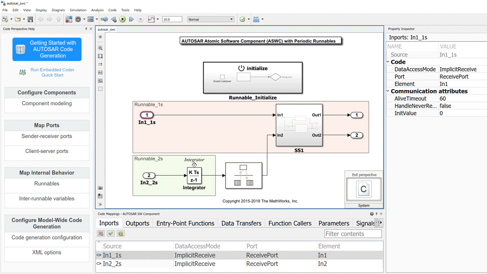 A screenshot showing an AUTOSAR Atomic Software Component model with code perspective, mappings, and property inspector.