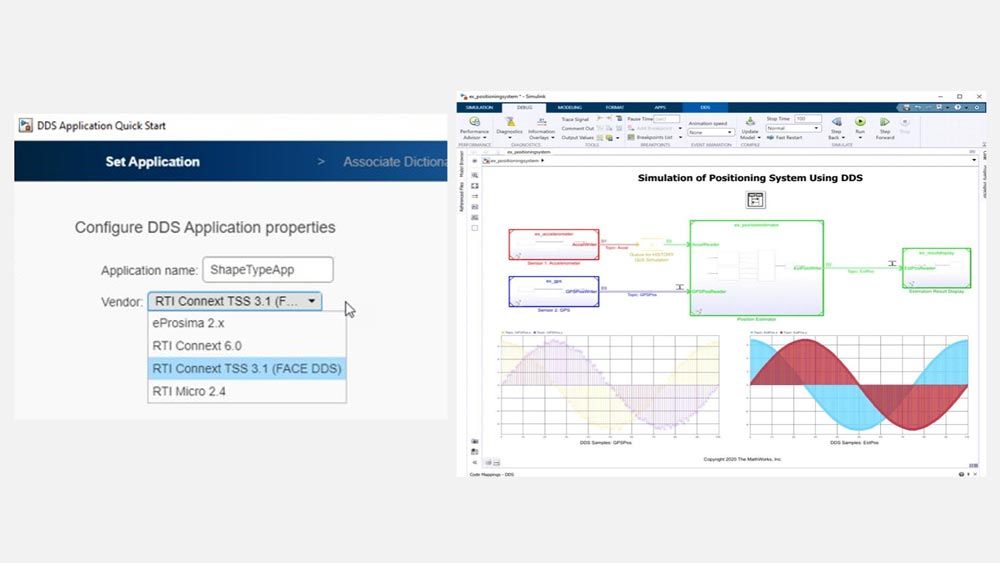 Two screenshots: one is the DDS Application Quick Start and the other is a simulation of a positioning system using DDS.