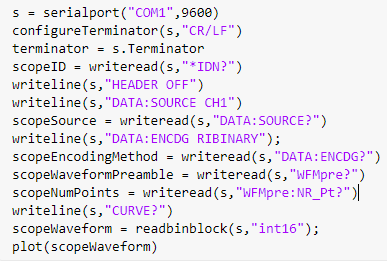 MATLAB code showing how to capture data from a Tektronix oscilloscope over a Serial connection using SCPI commands